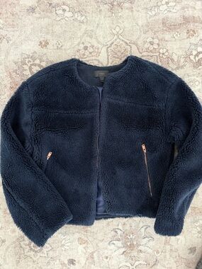 J. Crew Navy Faux Shearling Jacket with Rose Gold Zippers